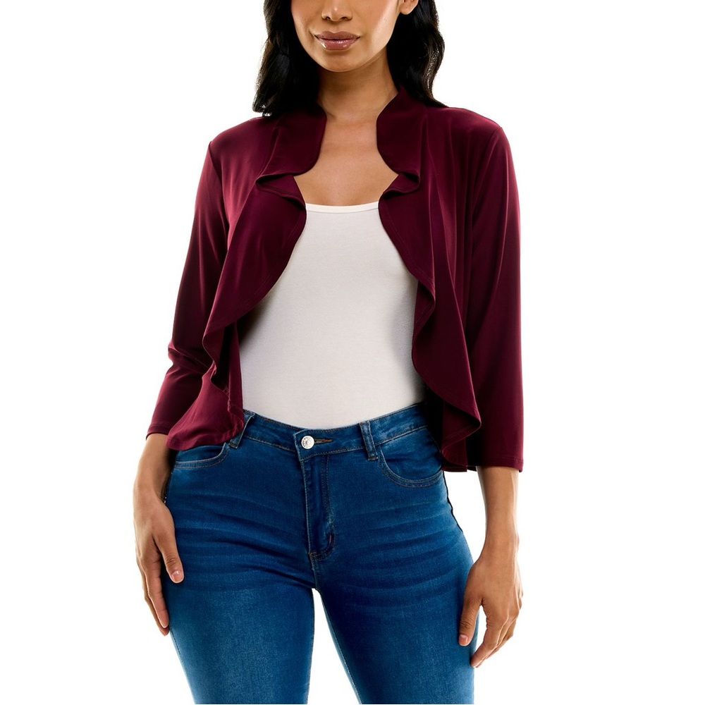 Nina Leonard Ruffle Trim Bolero Cardigan Sz. L‎
Deep Wine
